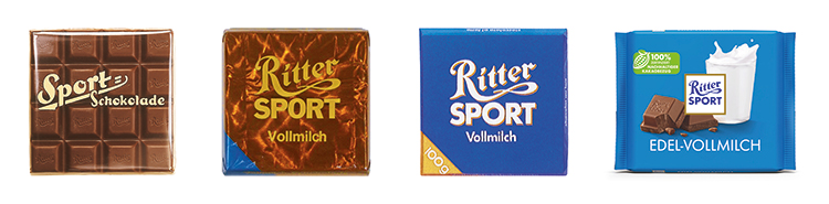 Seit 1932 wurde die Verpackung von Ritter-Sport stetig weiterentwickelt. Sortenindividuelle Farbcodes sind seit 1974 bester Bestandteil der Marke. Hier zu sehen (v.l.) sind die unterschiedlichen Designs in den Jahren 1932, 1969, 1974 und 2024. Foto: Ritter-Sport
