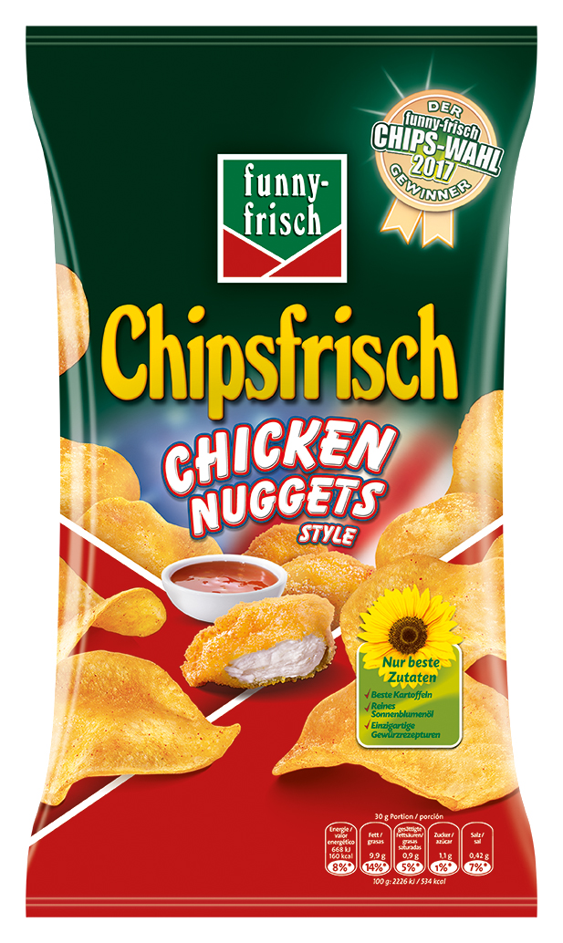 Verwies die Sorten Knoblauch und Einhorn auf die Plätze: Chipsfrisch „Chicken Nuggets Style“, Sieger der Funny-frisch-Chipswahl 2017. Foto: Intersnack